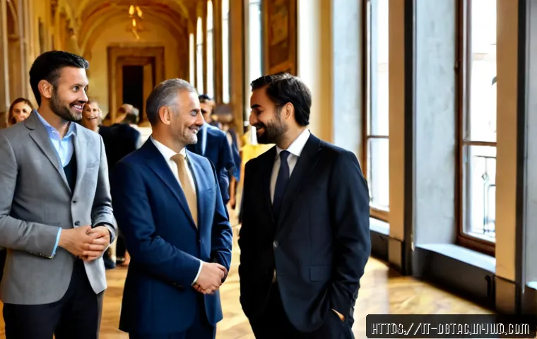 전문가 네트워킹의 중요성 - Photorealistic professional networking event in a refined Italian coworking space, diverse Italian b...